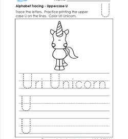Alphabet Tracing - Uppercase U - Uri Unicorn - Printing Practice Worksheets