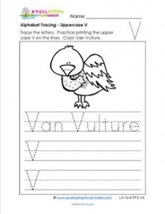 Alphabet Tracing - Uppercase V - Van Vulture - Printing Practice Worksheets