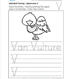 Alphabet Tracing - Uppercase V - Van Vulture - Printing Practice Worksheets