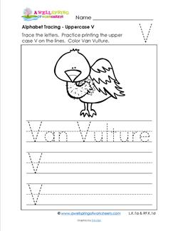 Alphabet Tracing - Uppercase V - Van Vulture - Printing Practice Worksheets