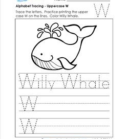 Alphabet Tracing - Uppercase W - Willy Whale - Printing Practice Worksheets