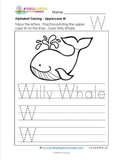 Alphabet Tracing - Uppercase W - Willy Whale - Printing Practice Worksheets
