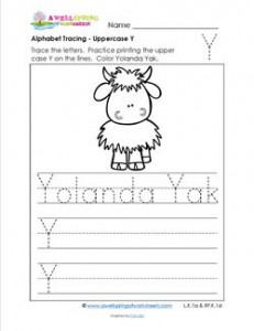 Alphabet Tracing - Uppercase Y - Yolanda Yak - Printing Practice Worksheets
