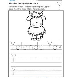 Alphabet Tracing - Uppercase Y - Yolanda Yak - Printing Practice Worksheets