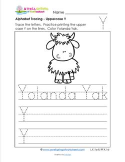 Alphabet Tracing - Uppercase Y - Yolanda Yak - Printing Practice Worksheets