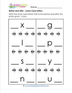 Before and After - Lower Case Letters - Positional Words Worksheets