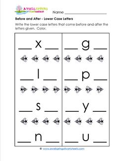 Before and After - Lower Case Letters - Positional Words Worksheets