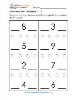 Before and After - Numbers 1-10 - Positional Words Worksheets