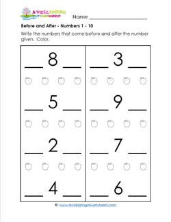 Before and After - Numbers 1-10 - Positional Words Worksheets