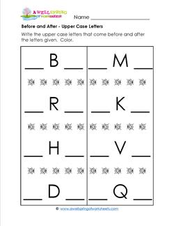 Before and After - Upper Case Letters - Positional Words Worksheets