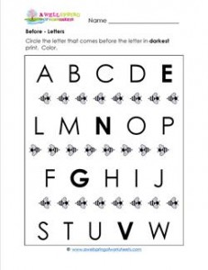 Before - Letters - Positional Words Worksheets