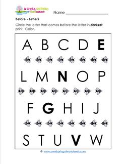 Before - Letters - Positional Words Worksheets