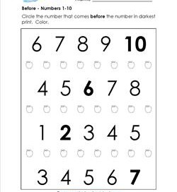 Before - Numbers 1-10 - Positional Words Worksheets