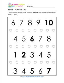 Before - Numbers 1-10 - Positional Words Worksheets