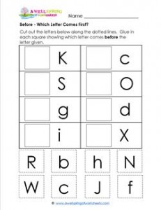 Before - Which Letter Comes First? - Positional Words Worksheets
