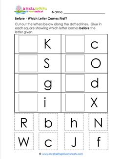 Before - Which Letter Comes First? - Positional Words Worksheets