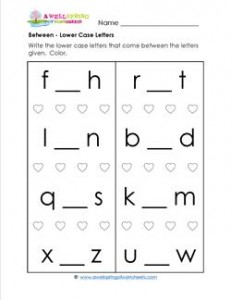 Between - Lower Case Letters - Positional Words Worksheets
