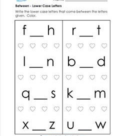 Between - Lower Case Letters - Positional Words Worksheets