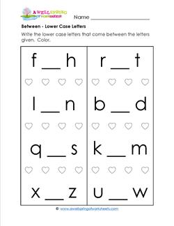 Between - Lower Case Letters - Positional Words Worksheets