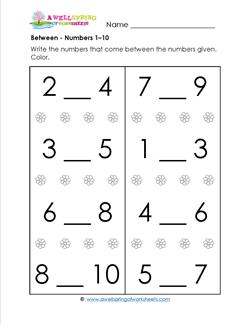 Between - Numbers 1-10 - Positional Words Worksheets