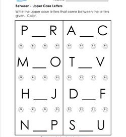 Between - Upper Case Letters - Positional Words Worksheets