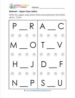 Between - Upper Case Letters - Positional Words Worksheets