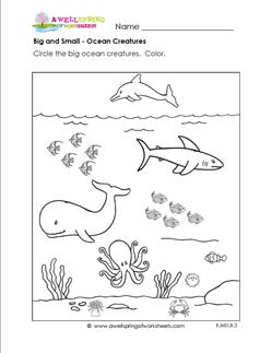 Big and Small Worksheets - Ocean Creatures | A Wellspring