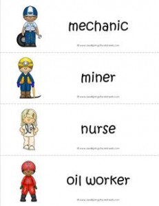 Community Helpers Vocabulary Cards - Mechanic, Miner, Nurse, Oil Worker.