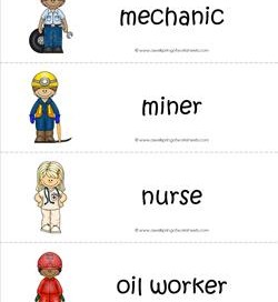 Community Helpers Vocabulary Cards - Mechanic, Miner, Nurse, Oil Worker.