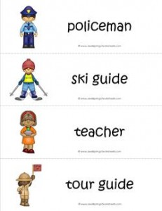 Community Helpers Vocabulary Cards - Policeman, Ski Guide, Teacher, Tour Guide