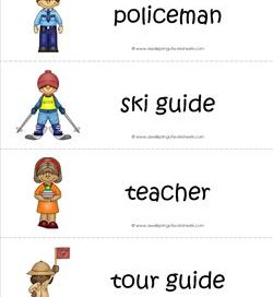 Community Helpers Vocabulary Cards - Policeman, Ski Guide, Teacher, Tour Guide