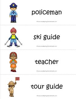 Community Helpers Vocabulary Cards - Policeman, Ski Guide, Teacher, Tour Guide