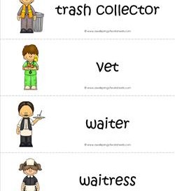 Community Helpers Vocabulary Cards - Trash Collector, Vet, Waiter, & Waitress