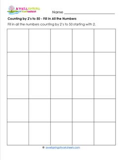 Counting by 2's to 50 - Fill in All the Numbers - Skip Counting Worksheets