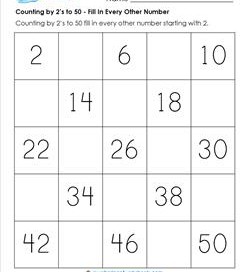 Counting by 2's to 50 - Fill in Every Other Number - Skip Counting Worksheets