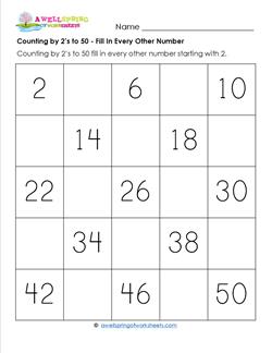 Counting by 2's to 50 - Fill in Every Other Number - Skip Counting Worksheets