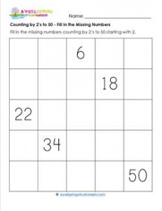 Counting by 2's to 50 - Fill in the Missing Numbers - Skip Counting Worksheets