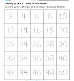 Counting by 2's to 50 - Trace All the Numbers - Skip Counting Worksheets