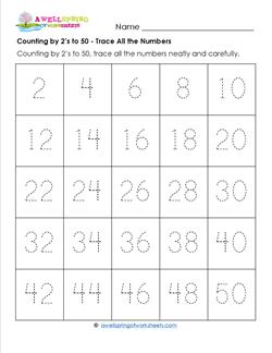 Counting by 2's to 50 - Trace All the Numbers - Skip Counting Worksheets