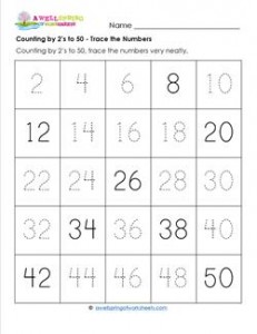 Counting by 2's to 50 - Trace the Numbers - Skip Counting Worksheets