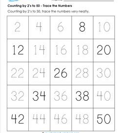 Counting by 2's to 50 - Trace the Numbers - Skip Counting Worksheets