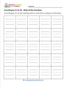 Counting by 2's to 50 - Write All the Numbers - Skip Counting Worksheets