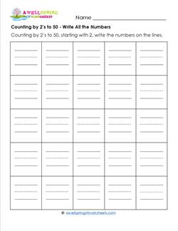 Counting by 2's to 50 - Write All the Numbers - Skip Counting Worksheets
