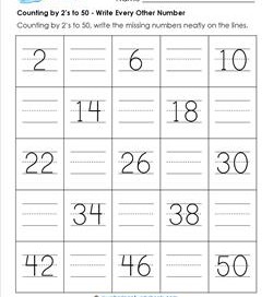 Counting by 2's to 50 - Write Every Other Number - Skip Counting Worksheets