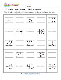 Counting by 2's to 50 - Write Every Other Number - Skip Counting Worksheets