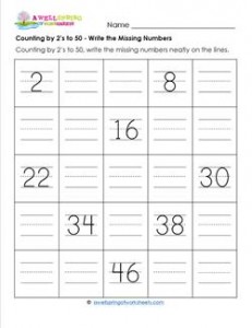 Counting by 2's to 50 - Write the Missing Numbers - Skip Counting Worksheets
