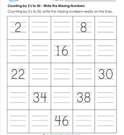 Counting by 2's to 50 - Write the Missing Numbers - Skip Counting Worksheets