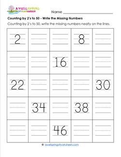 Counting by 2's to 50 - Write the Missing Numbers - Skip Counting Worksheets