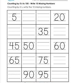 Counting by 5's to 100 - Write the 10 Missing Numbers on the Lines