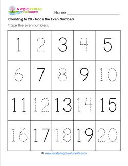 Counting to 20 - Trace the Even Numbers